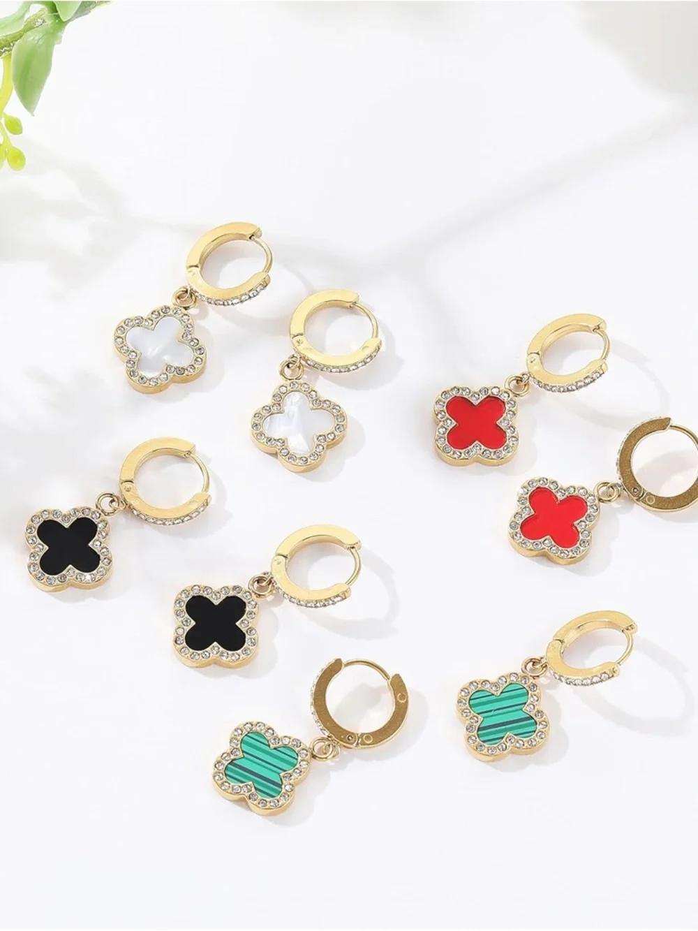 Alhambra Style 18K Gold Plated Green Clover Drop Hoop Earrings NEW